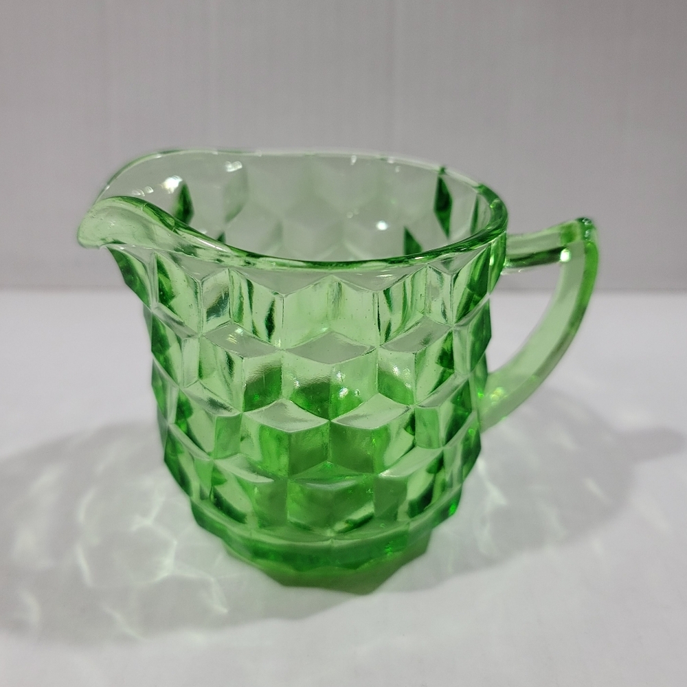 Uranium Glass Depression Glass Pitcher Creamer Cubist Pattern UV Glowing Glass - Picture 8 of 9